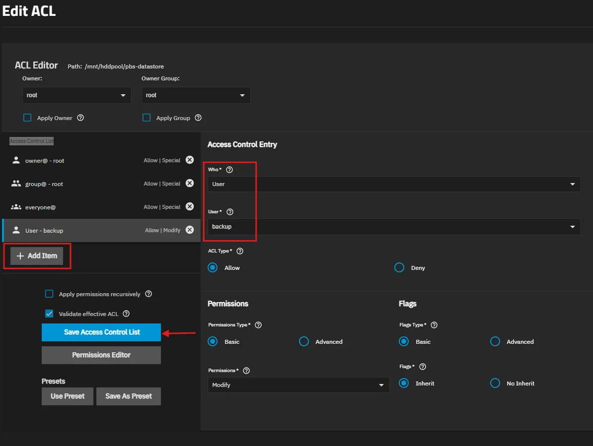 Adicionando usuário backup ao ACL